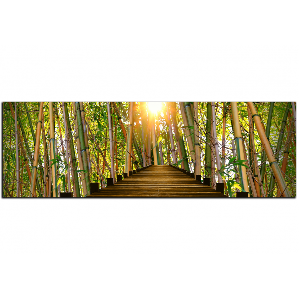 Obraz na plátně - Dřevěná promenáda v bambusovém lese - panoráma